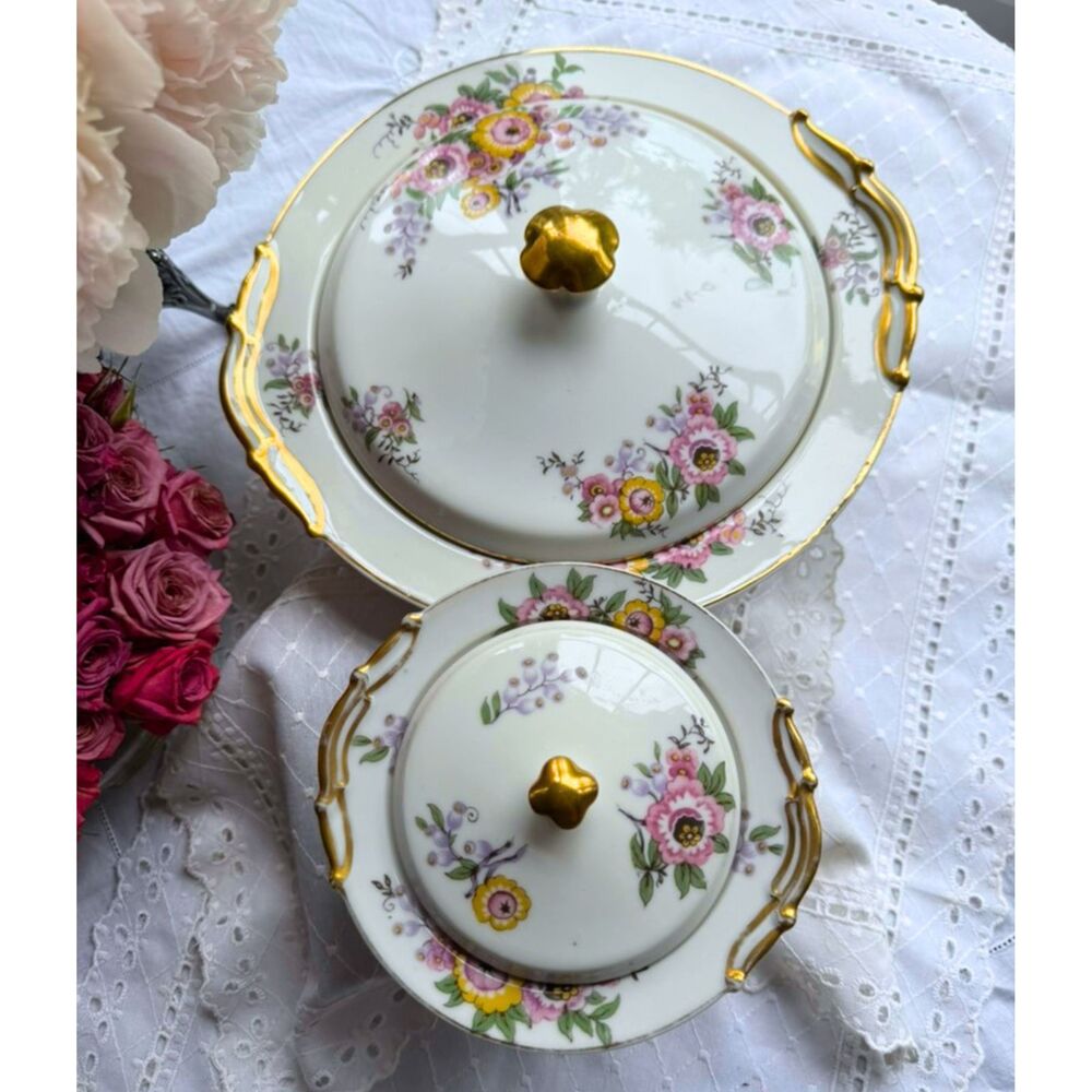 Limoges France Pair of Covered Vegetable Bowls Floral Porcelain Gold Handle Lids
